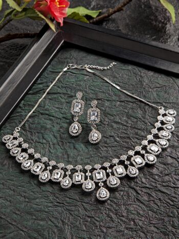 KARATCART Silver-Plated White American Diamond & Cubic Zirconia Studded Handcrafted Jewellery Set